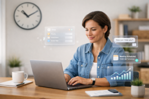 Small business owner using AI automation tools to manage email, customer service chatbot, scheduling, and analytics dashboard, illustrating how AI saves 10 hours a week in a small business.