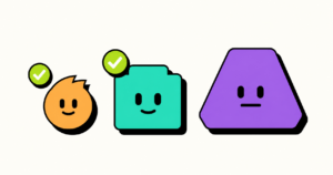 Three small illustrated bot characters in a row, neobrutalist style with bold black outlines and orange, teal, and purple accents, representing a team of AI agents